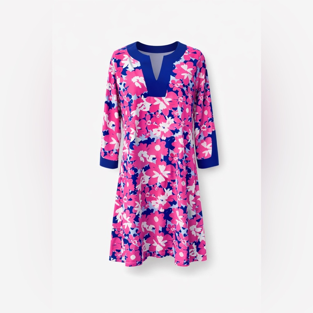 All For Color NWT Pink Blue Floral Resort Dress S Swim Fabric Beach Vacation